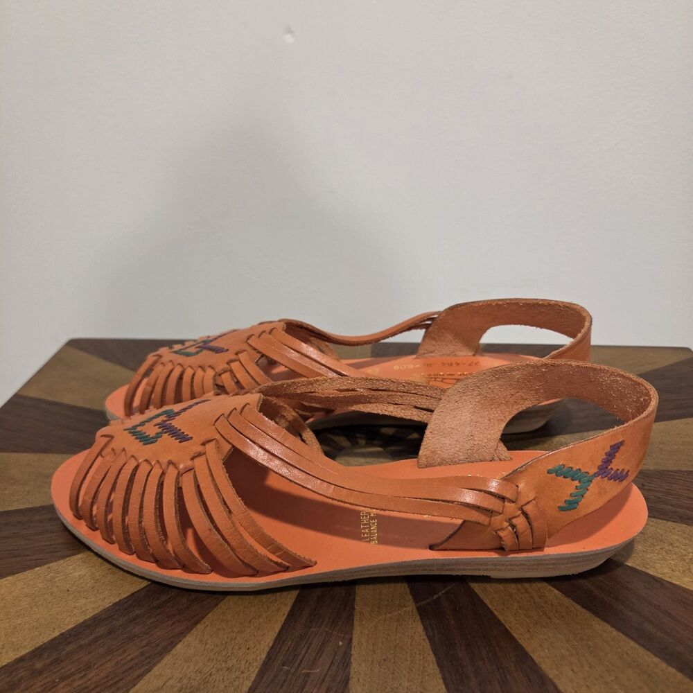 True Vintage 70s Foot Niks Sandals Shoes US 7B Orange Leather Boho Hippie Gypsy - Picture 6 of 11